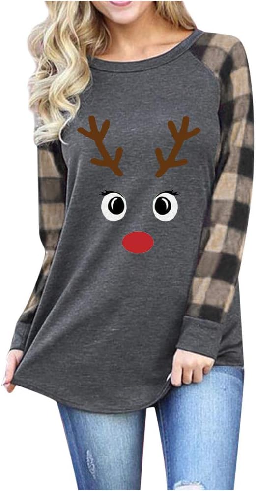 Christmas T-Shirt for Women Upgrade Elk/Tree/Car/Letter/Hat Print Plaid Tee Raglan Tops Ladies Casual Long Sleeve T-Shirt