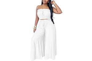 YUEWOO Two Piece Sets for Women Summer Outfits Crop Tops and Wide Leg Pants Sets Sexy Jumpsuits Vacation Outfits with Pockets