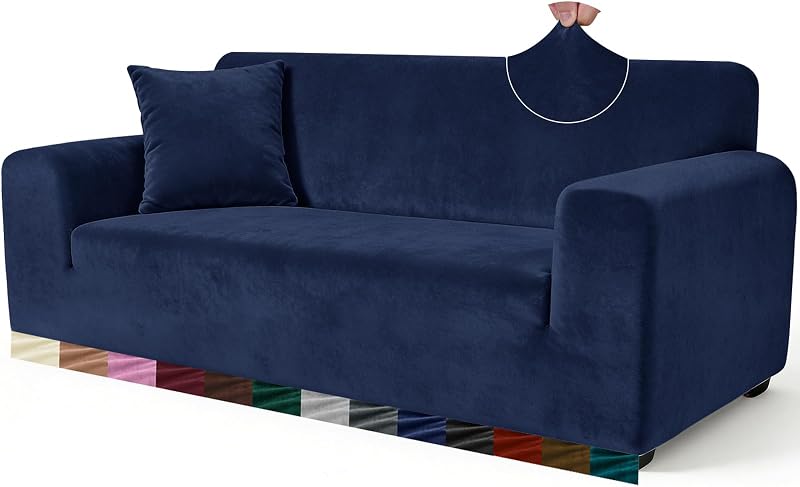 Yeahmart Thick Velvet Sofa Cover 1 Seater Blue Premium Stretch Slipcover