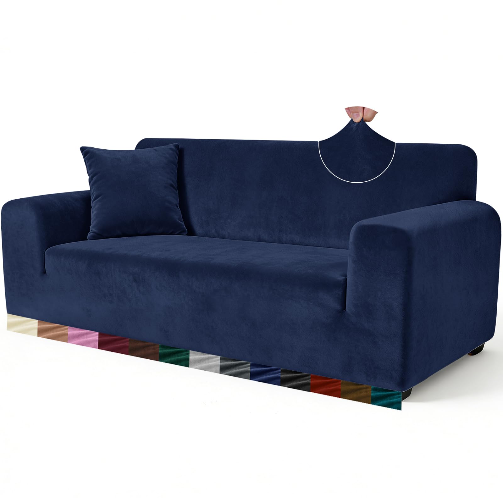 Yeahmart Thick Velvet Sofa Covers 1 Seater - Premium Stretch Couch Cover Armchair Slipcover - Soft Furniture Protector for Pets - Includes Foam Rods for Non-Slip Fit - Machine Washable, Blue