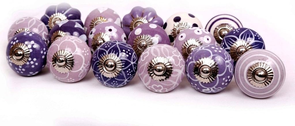 Glitknob 14 Knobs Purple White Hand Painted Ceramic Knobs