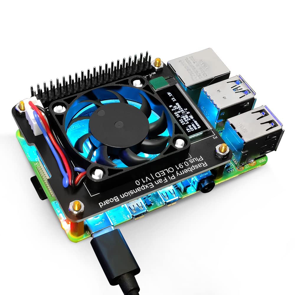 GeeekPi Raspberry Pi Fan Expansion Board Plus 0.91 OLED Display Screen V1.0 for Pi 4B/2B/3B/3B+, with Speed Adjustable Fan, Programmable LED, I2C, GPIO, High Performance Heat Dissipation