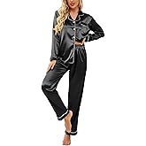 Ekouaer Women's Classic Button Down Long Satin Silk Pajama Set