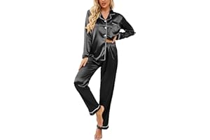 Ekouaer Women's Classic Button Down Long Satin Silk Pajama Set