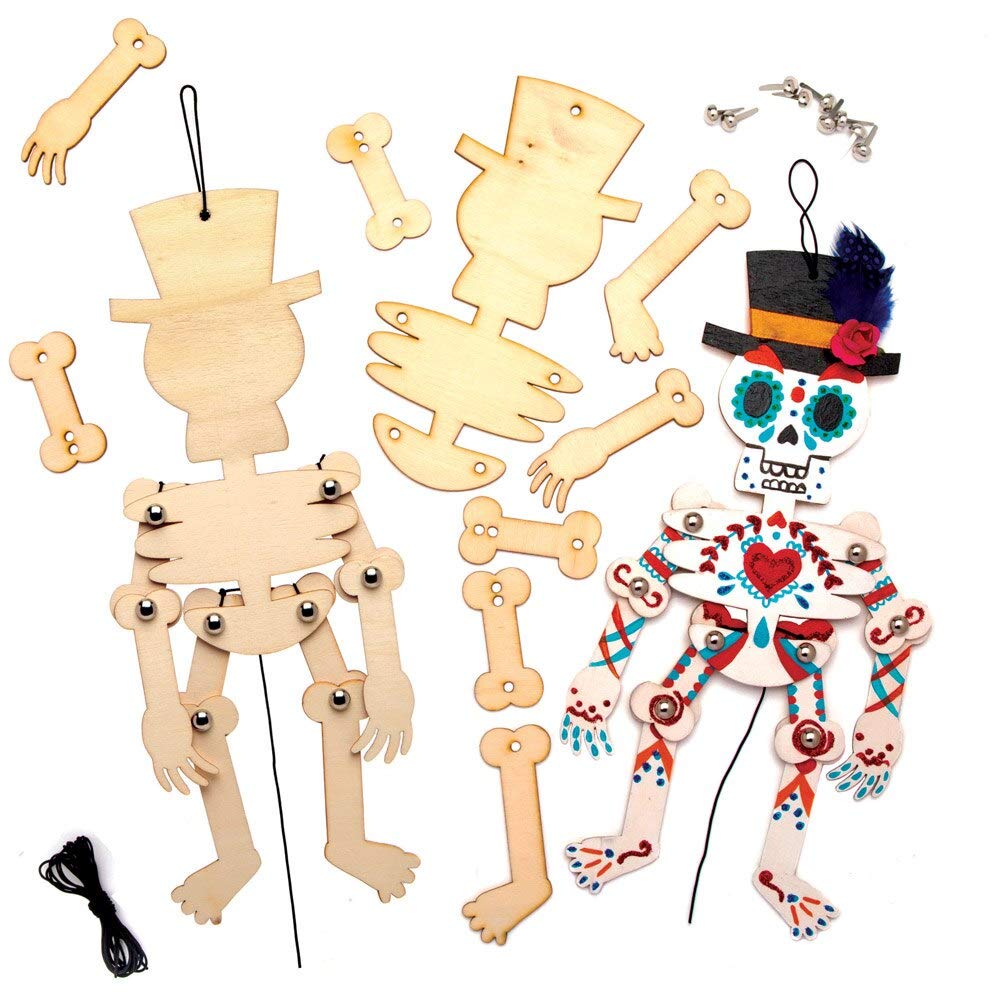 Baker Ross AT108 Wooden Skeleton Puppet Wood Craft Kit for Kids Day of The Dead Arts Activities