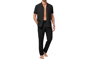 Dokotoo Men Men's Beach Outfit 2 Piece Casual Button Down Shirt Short Sleeve Loose Shirts and Pants Vacation Sets for Men