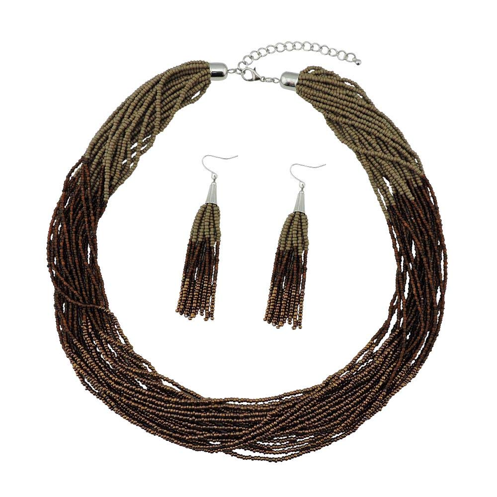 BOCAR Multi Layer Beaded Statement Necklace Set Strand Necklace and earrings for Women Gift (NK-10459-Dark Khaki+Coffee+Antique Coppe)