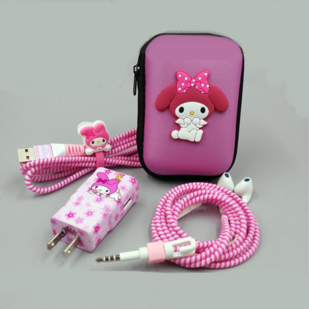 Cartoon USB Cable Earphone Protector Set With Earphone Box Cable Winder Stickers Spiral Cord Protector For Samsung S6 S7 Note5 (Bunny)