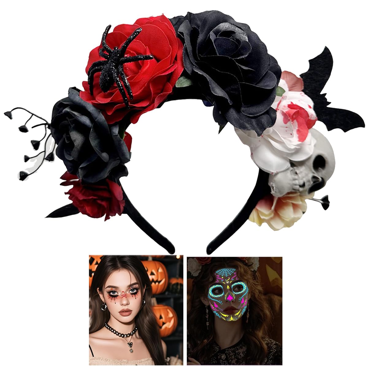Photo 1 of ** Damage minor** Halloween Day of the Dead Accessories Set, Floral Rose Crown Headband & UV Black Light Sugar Skull Face & Eye Tattoo, Mexican Festival for Dia de los Muertos, Cinco De Mayo Costume, Boho Outfits