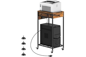 SEHERTIWY 2 Tier Computer Tower Stand, Adjustable Printer Stand with Charge Station and USB Charging Port, PC Tower Stand CPU Holder Cart with Wheels for Home Office Fax, Brown