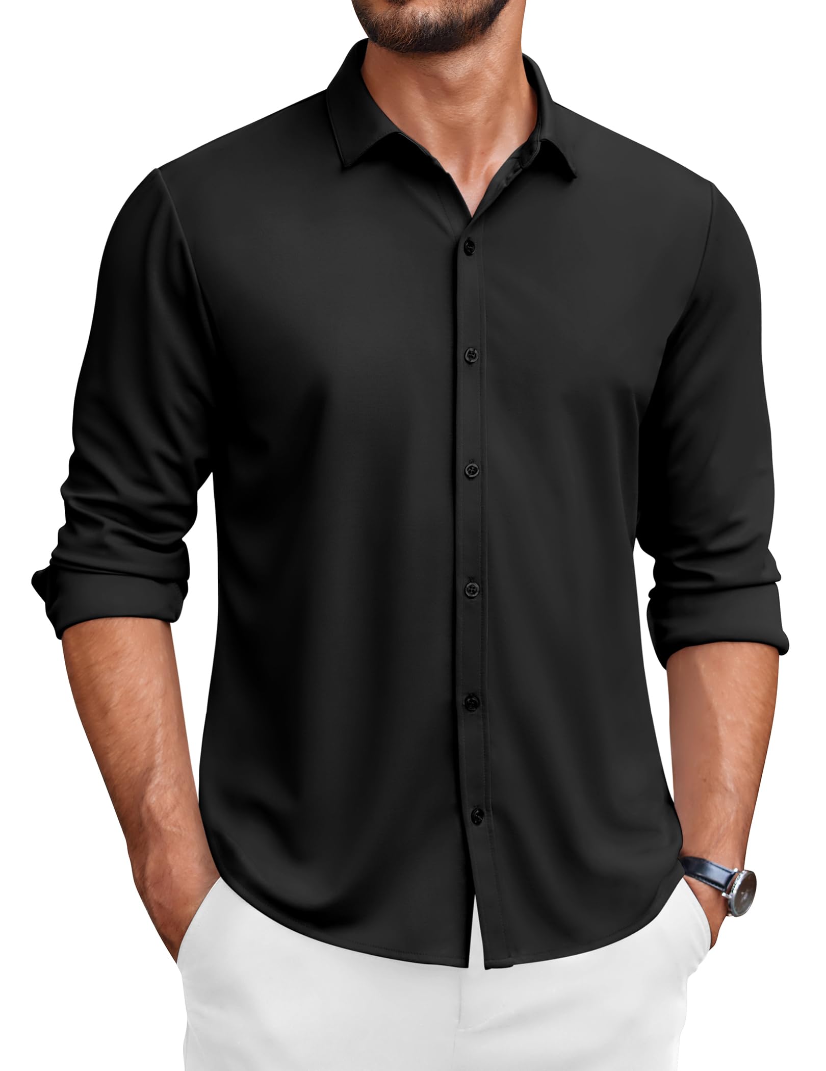 Photo 1 of **** SHORT SLEEVE****     COOFANDY Men's Long Sleeve Wrinkle Free Shirts Button Down Casual Stretch Dress Shirt Black L