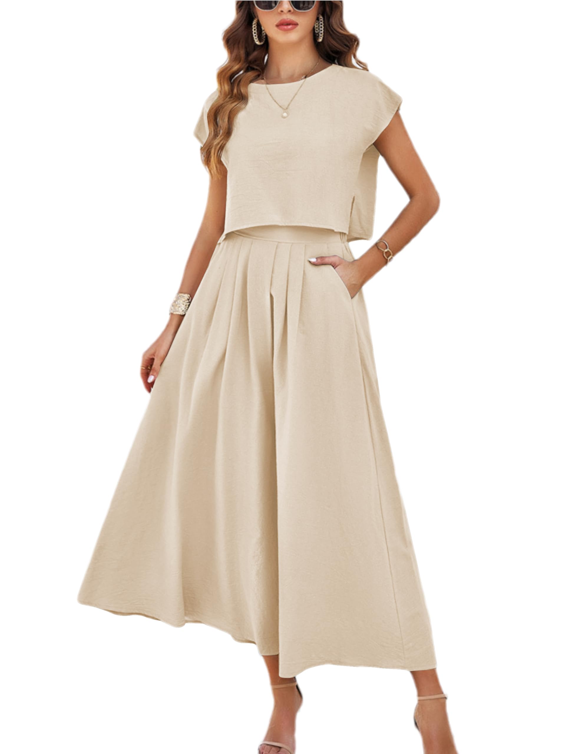 Photo 1 of (missing top) HangNiFang Summer Skirt Sets Women 2 Piece Outfits Cap Sleeve Top Elastic Waist Maxi Dress Sets with Pockets(1218-Khaki-XL)