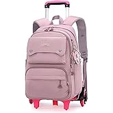 LANSHIYA Solid Color Girls Rolling Backpack with Wheels Schoolbag Elementary School Student Trolley Daypack