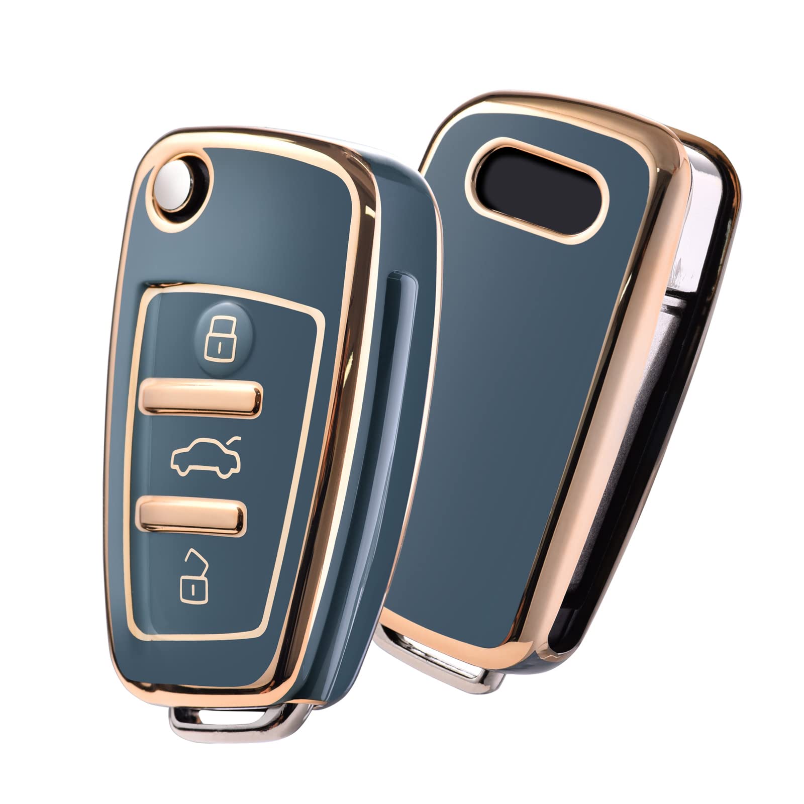 OATSBASF Car Key Cover for Audi, Car Key Case Compatible With Audi A1 A3 A4 A6 Q3 Q5 Q7 S3 R8 TT Remote Protector Case TPU Silicone (Golden Edge Grey)