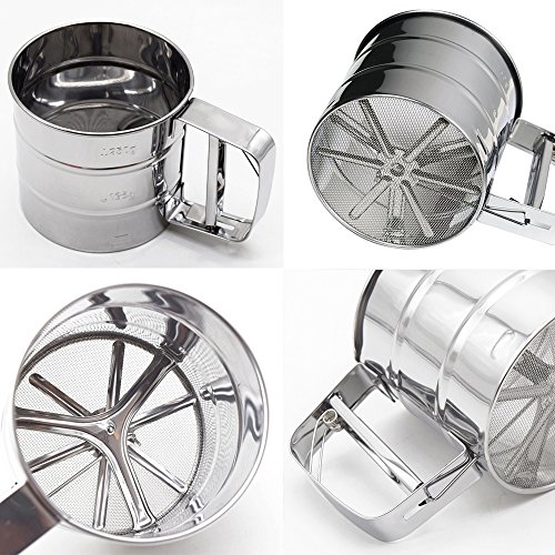 MENGCORE Baking Stainless Steel Shaker Sieve Cup Mesh Crank Flour Sifter with Measuring Scale Mark for Flour Icing Sugar - Thumbnail 2
