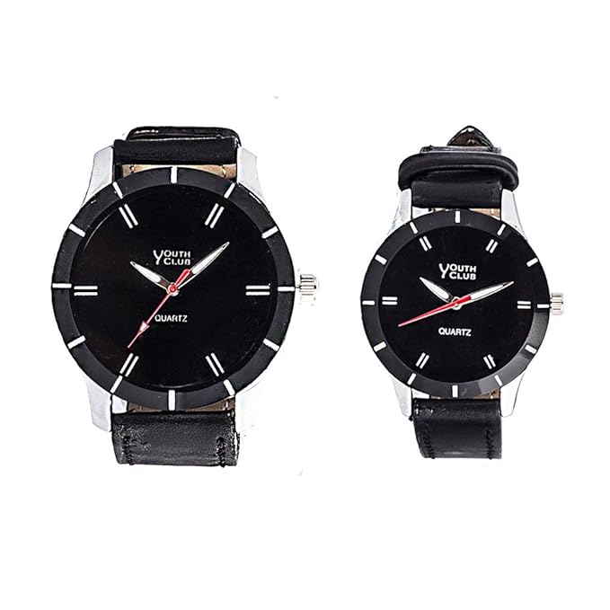 YOUTH CLUB Combo of Quartz Movement Analogue Black Dial His and Her Couple Watch - CPL-05BLB