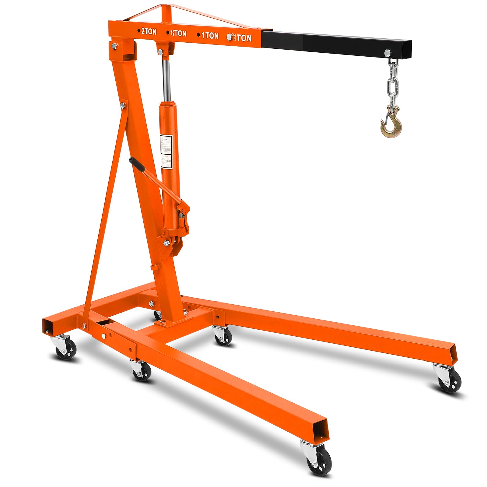 Photo 1 of 2 Ton (4400 LBS) Folding Hydraulic Engine Hoist Heavy Duty Carbon Steel Cherry Picker Shop Crane With 6 Iron Casters & Lever Engine Hoist Crane Lift for Car Repair Workshops & Garages Orange