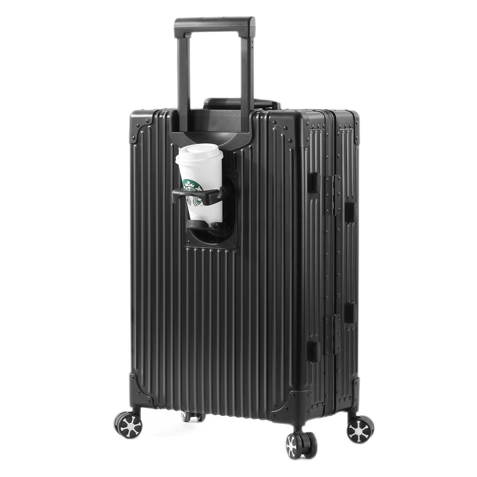 All Aluminum Carry On Luggage with Cup Holder TSA Lock, 22x14x9 Airline Approved Carry-On Hardside Suitcase with Spinner Wheels (20-lnch) (BLACK)
