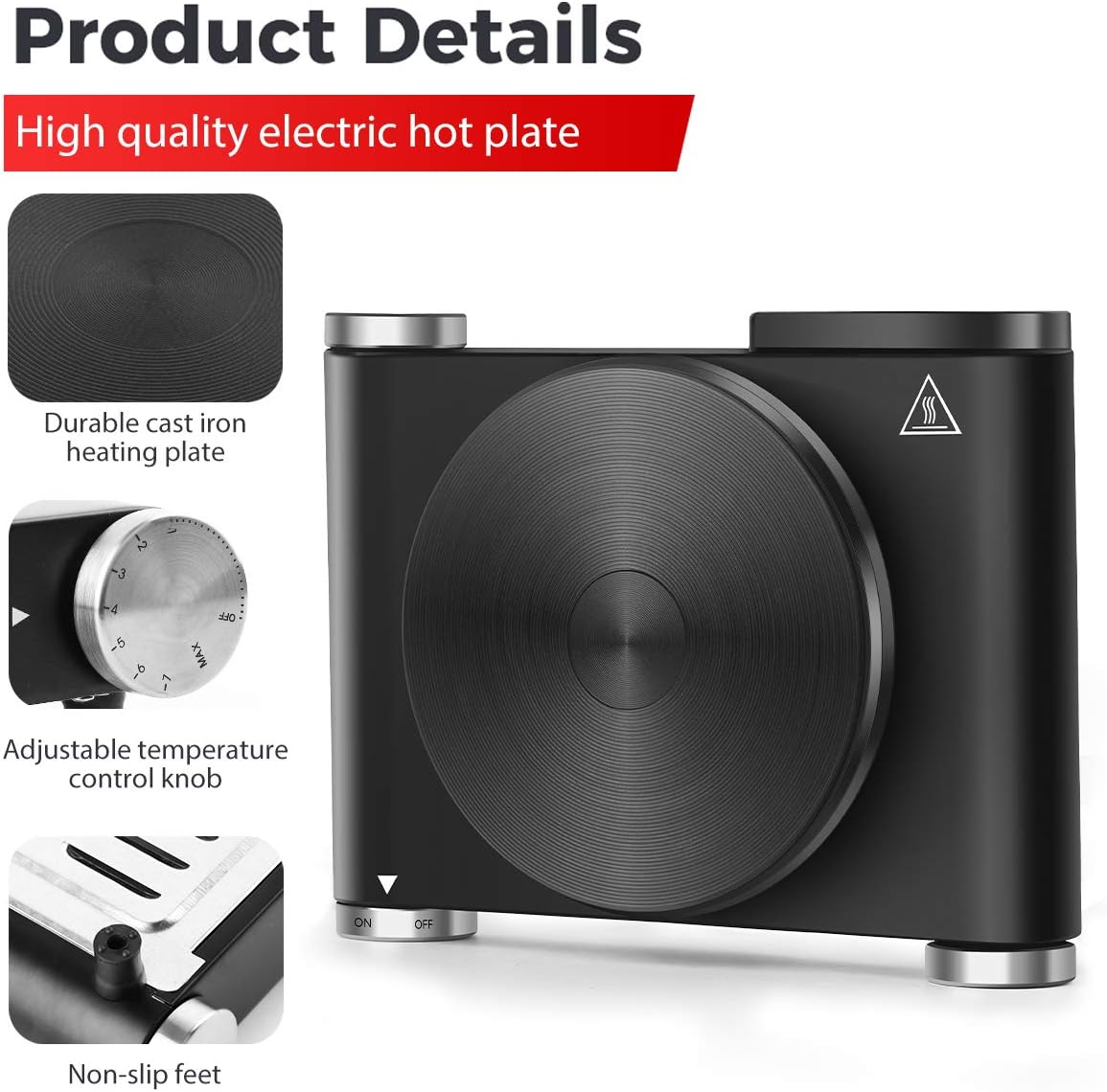 CUSIMAX Electric Hot Plate for Cooking Portable Single Burner 1500W Cast Iron hot plates Heat-up in Seconds Adjustable Temperature Control Stainless Steel Non-Slip Rubber Feet Upgraded Version B101: Kitchen & Dining