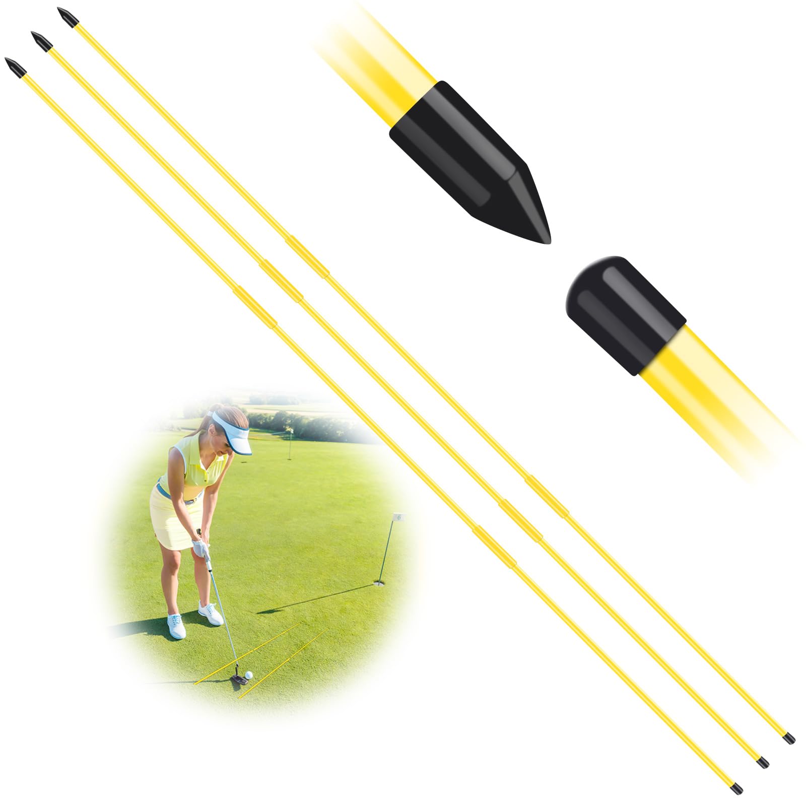 FINGER TEN Golf Alignment Stick Sticks Training Aid Rods Rod Cover Tool Swing Trainer Aids, Foldable Practice Rods Training Aiming Putting Full Swing Trainer Posture (3 Pack in Yellow)
