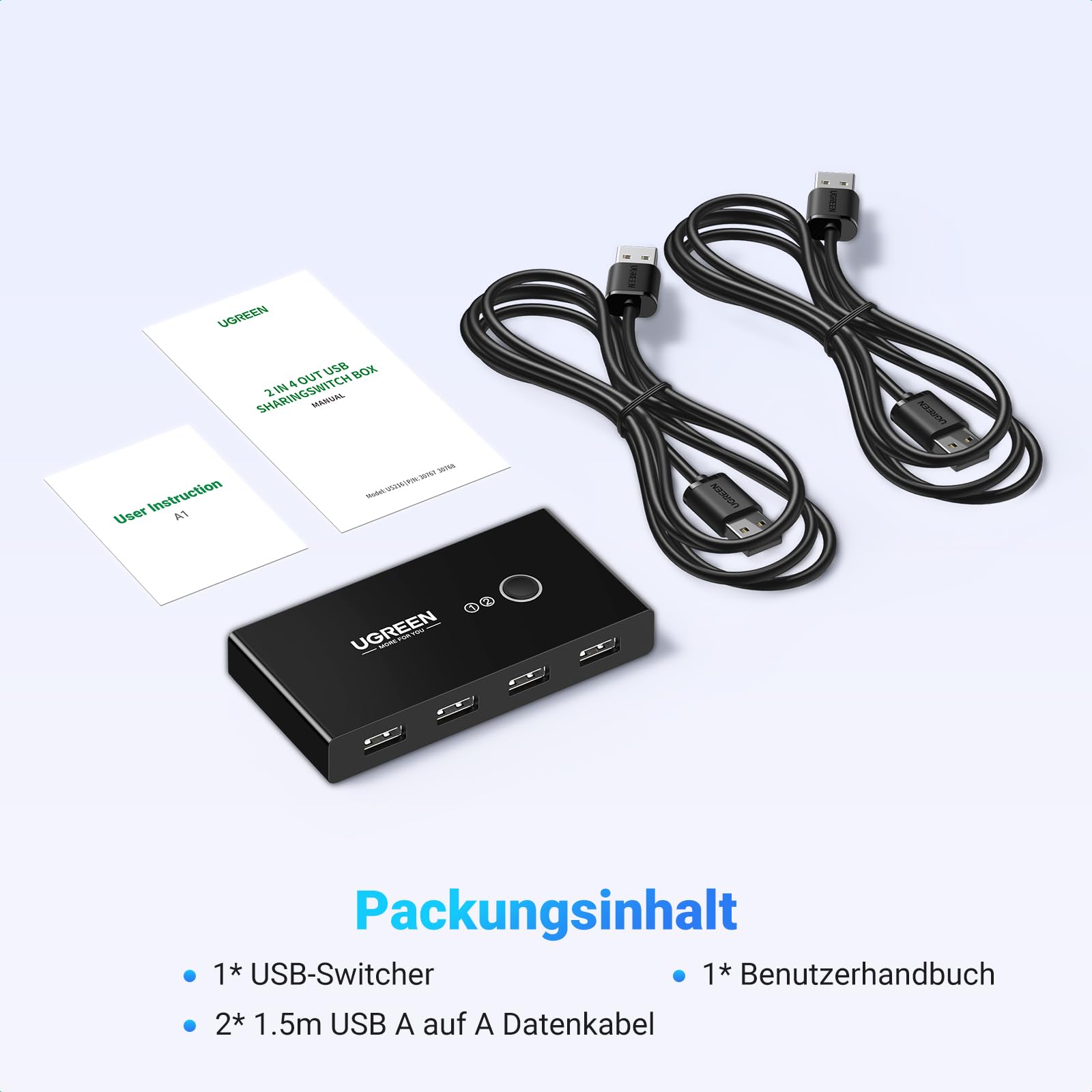 UGREEN 4 Ports USB Switch für 2 PC 2 in 4 Out USB Umschalter für Maus, Tastatur, Scanner, Drucker, Stick, Festplatte kompatibel mit Windows, Mac OS 8.6 und höher, 2 USB Kabel 8