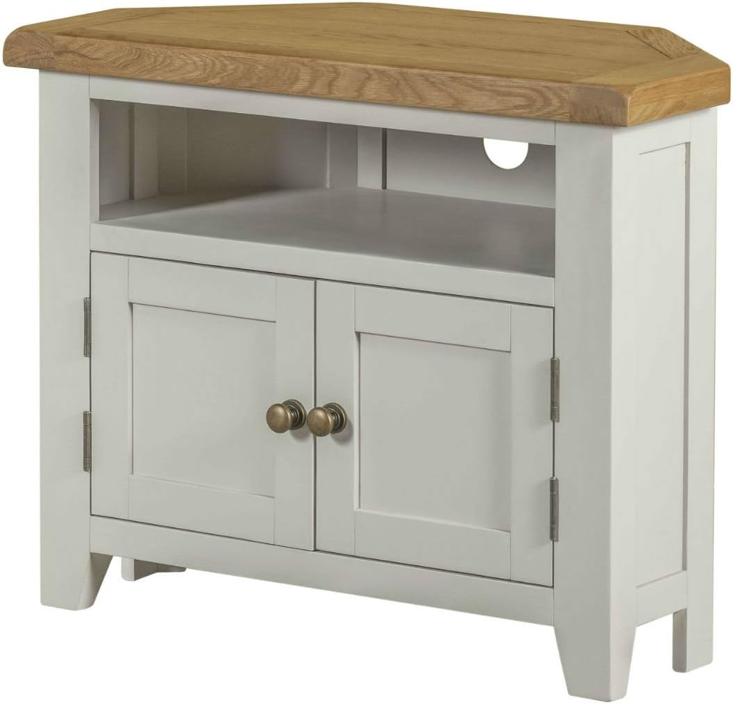 Wexford Grey Painted Corner TV/HiFi Unit / Home Entertainment Stand with Solid Oak Top