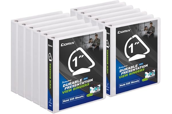 Comix D-Ring Basic View Binder 1 inch 3 Ring Binders, 2.4mm-Thick, Hold 225 Sheets of 8.5" x 11" Paper, 12 Pack (White)