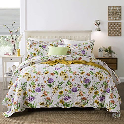 Pure Cotton 3-Piece Comforter Set, Flower Print Quilt Set, Bedspreads Set, Coverlets, Queen Size (Flower-1)