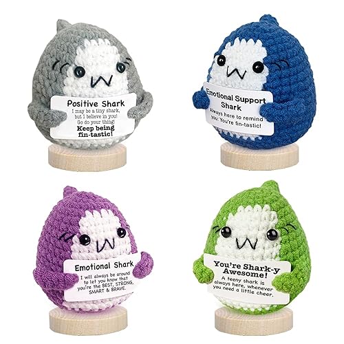 Positive Crochet Animals Emotional Support Shark Gifts Birthday Gift for Women Men Emotional Support Plushies with Stand Already Made Cute Inspirational Encouragement Cheer Gift for Xmas Valentines