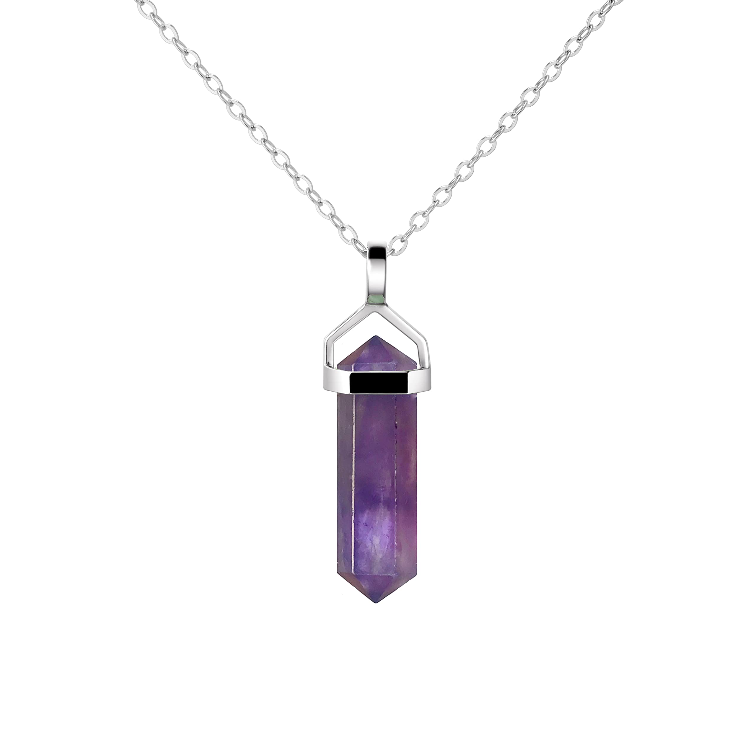 Franki Baker Sterling Silver Small & Dainty Amethyst Gemstone Double Point Pendant. Lenght: 50cm