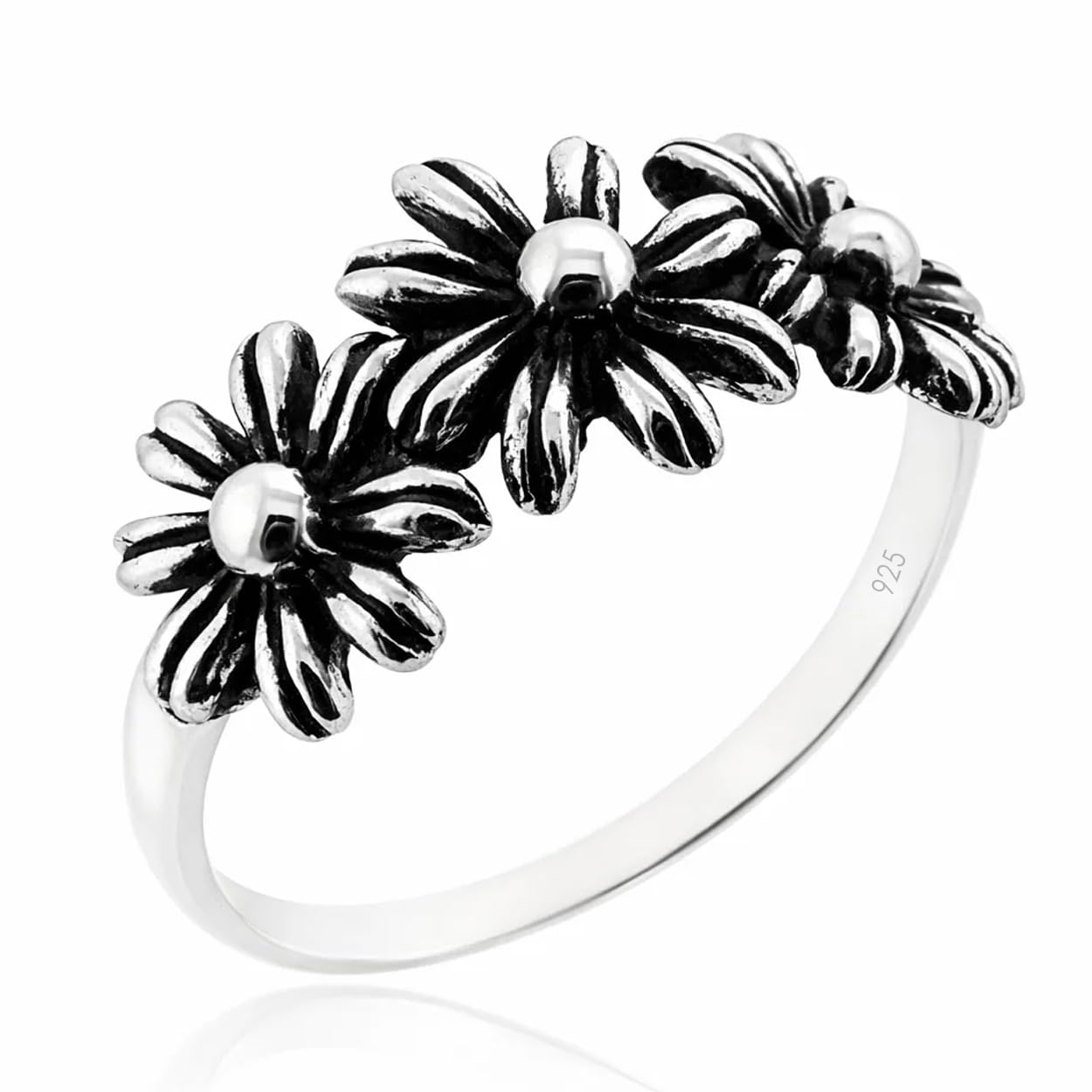 Sovats 925 Sterling Silver Triple Flower Ring, Oxidized Floral Band for Women