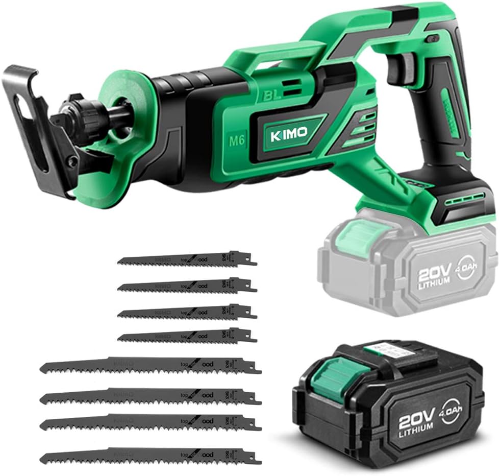 KIMO 20V 4.0Ah Li-ion Brushless Cordless Reciprocating Saw w/Battery & 1 Hour Fast Charger, 1" Stroke Length, Variable Speed, 8 Saw Blades for Wood/Metal/PVC Pipe Cutting, Demolition, Tree Trimming - - 