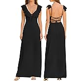 HTZMO Women Summer Casual Boho Maxi Dress Sexy V Neck Ruffle Backless Tie Beach Party Long Sundress for 2025