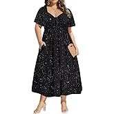 CARCOS Plus Size Dresses for Curvy Women Tie Sweetheart Neck Summer Maxi Dress Short Sleeve Empire Waist Floral Boho Dress