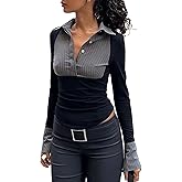 CORIRESHA Women's Fashion Contrast Stripe Shirt Collared Long Sleeve Button Slim Blouse