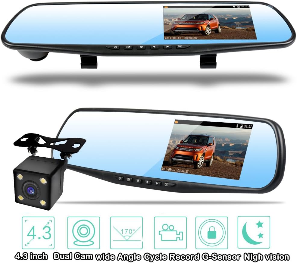 Homelink 1080P 4.3'' Full HD IPS LCD Video Car Revise Camera Rear View Mirror Backup 170 Degree Wide Angle Night Vision DVR Recorder Vehicle Dashboard Dash Cam Parking Sensor Loop Recording