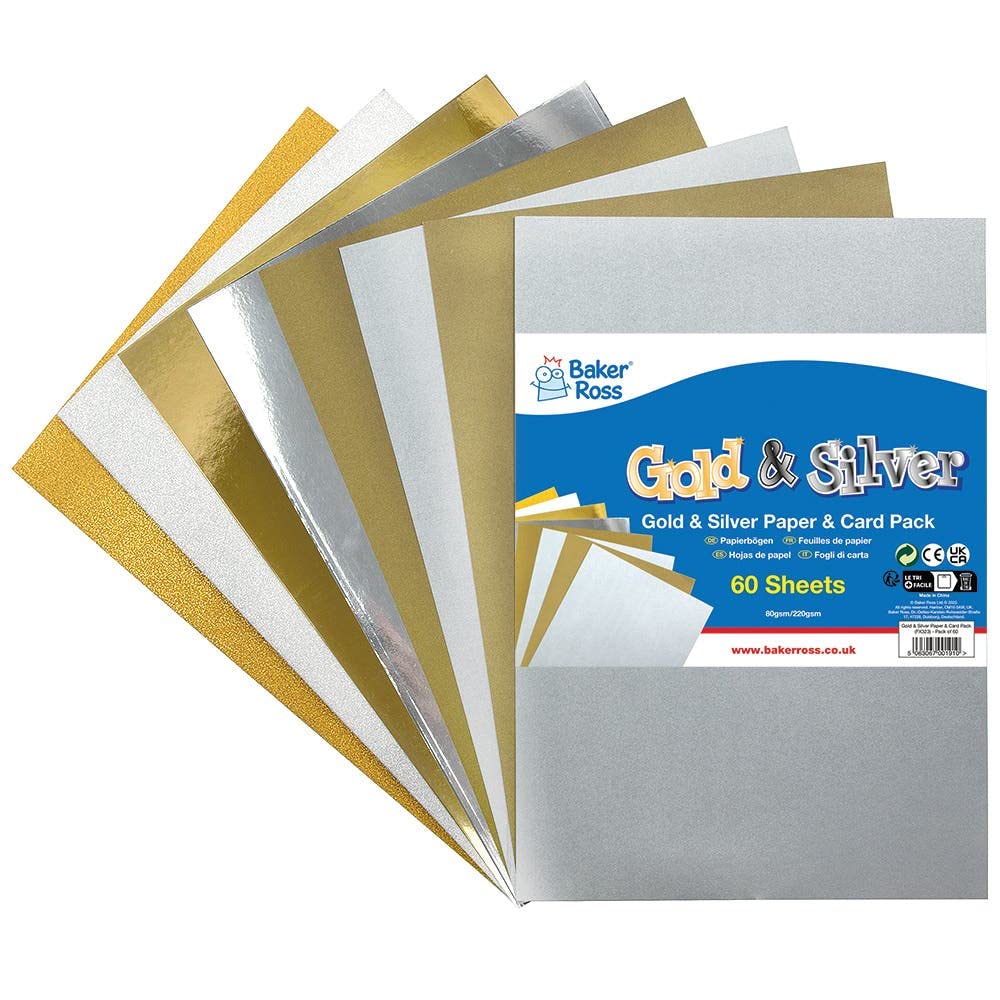 Baker Ross FX323 Gold and Silver Card and Paper Pack - Pack of 60 Sheets, Metallic Glitter Card for Crafting, Arts and Crafts Supplies, Paper Craft