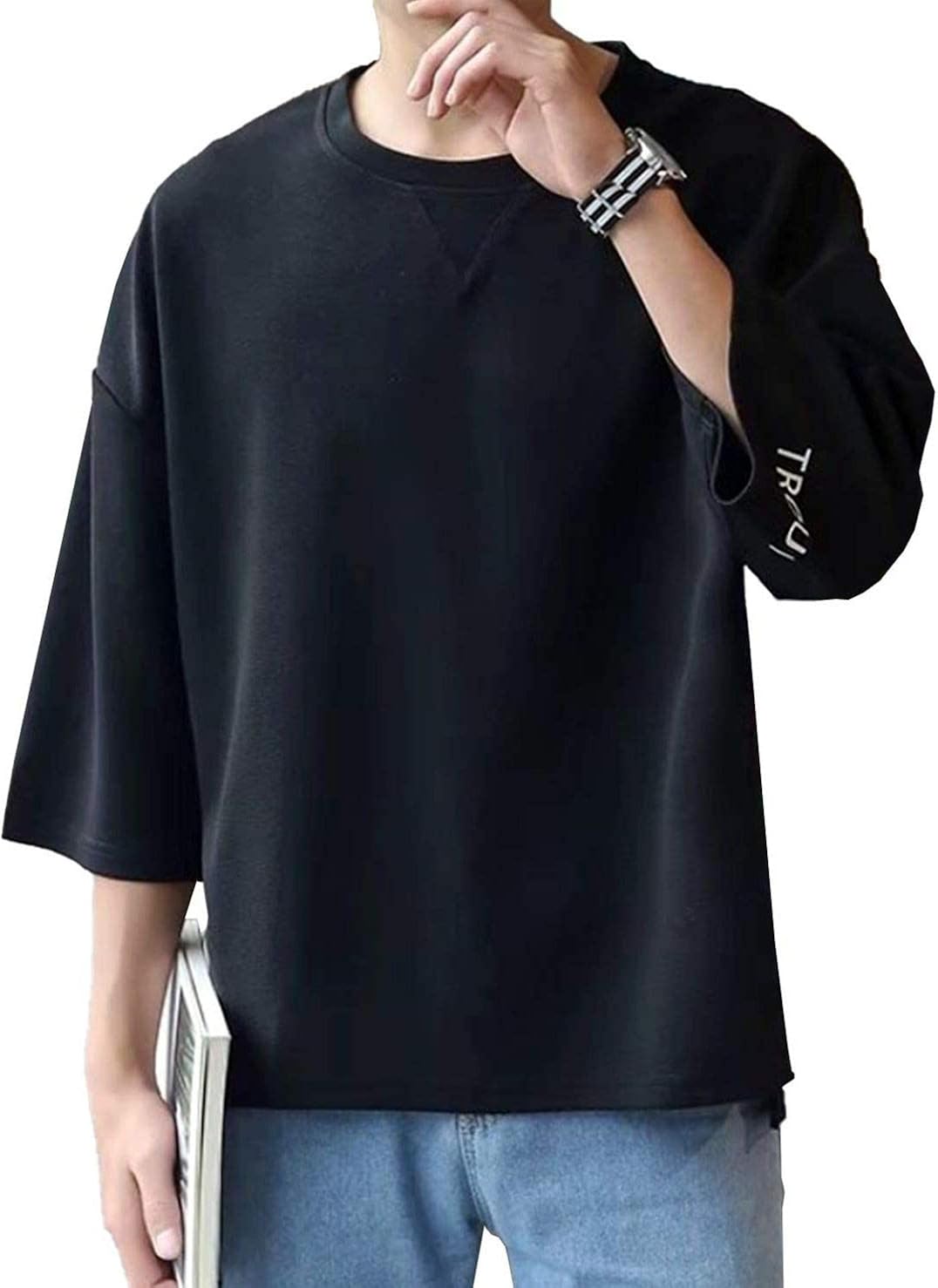 Amazon Aulaport メンズ ビッグ Tシャツ 7分袖 クルーネック ゆったり 通気性 M ブラック Tシャツ カットソー 通販