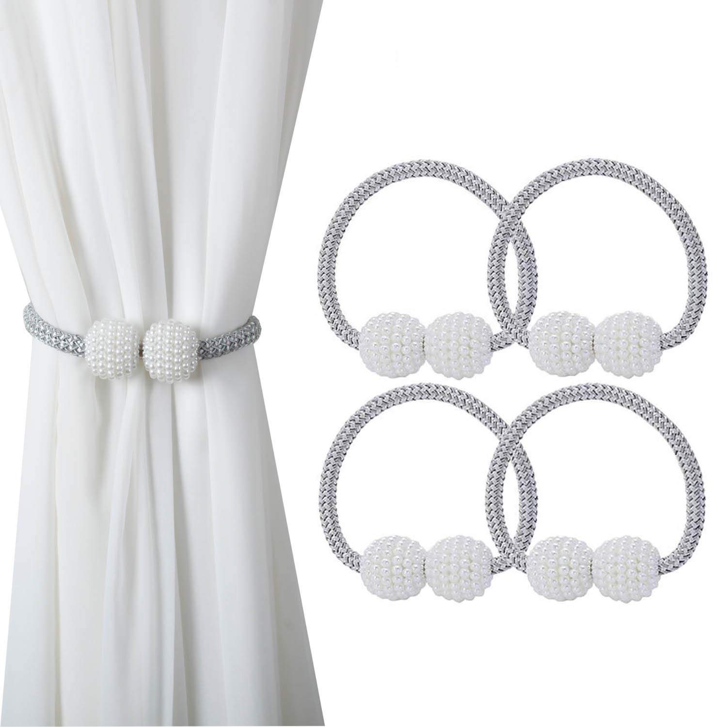 Magnetic Curtain Tie Backs, Magnetic Curtain Clips Rope Curtain Holder Buckles Small Bead Curtain Buckle Clips Rope Holders for Home Office Hotel Window Decoration (4-PACK, Silver)