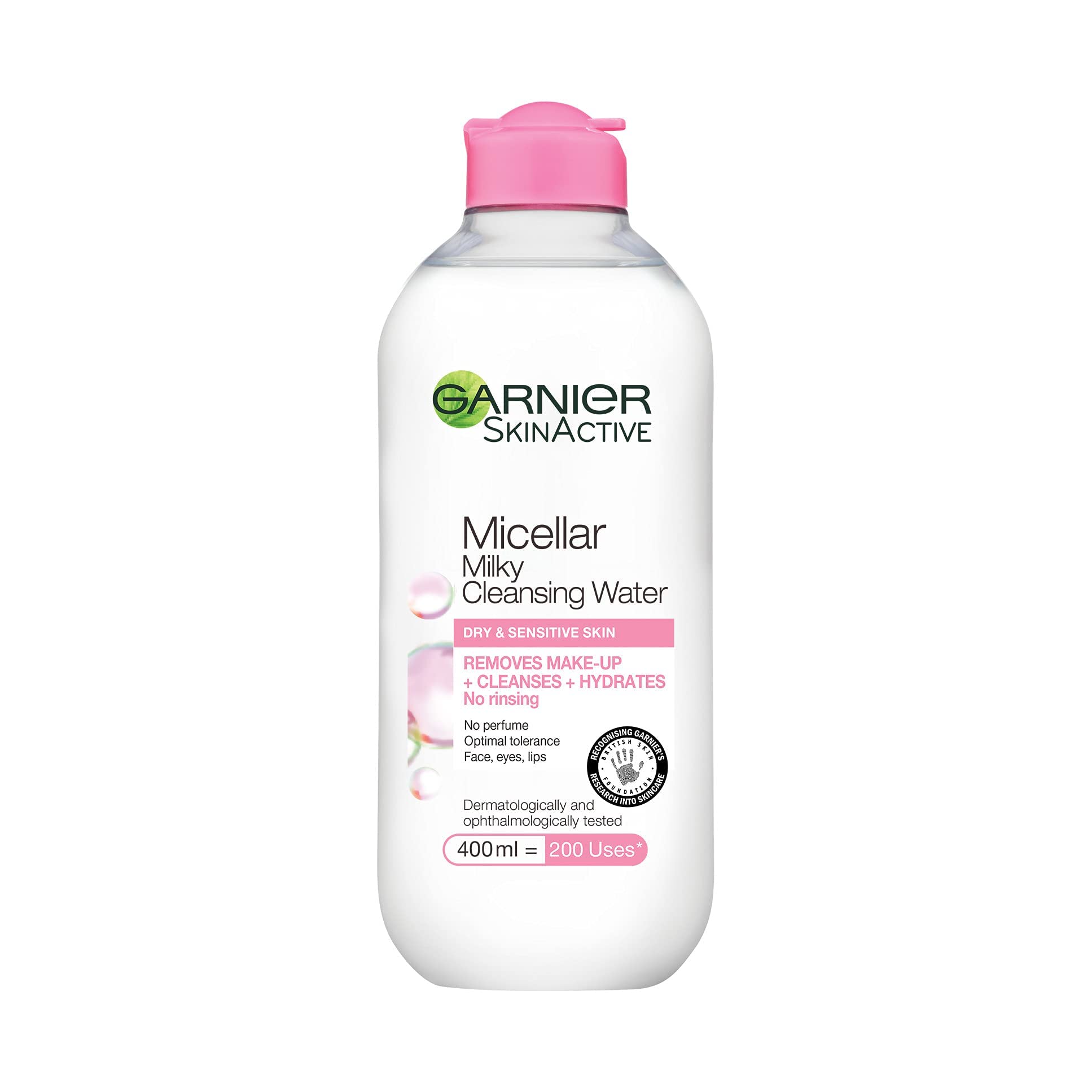 Garnier Micellar Cleansing Water For Dry Skin 400 ml, Milky Face Cleanser and Makeup Remover, Fragrance Free, Recognised By The British Skin Foundation, Use With Reusable Micellar Eco Pads