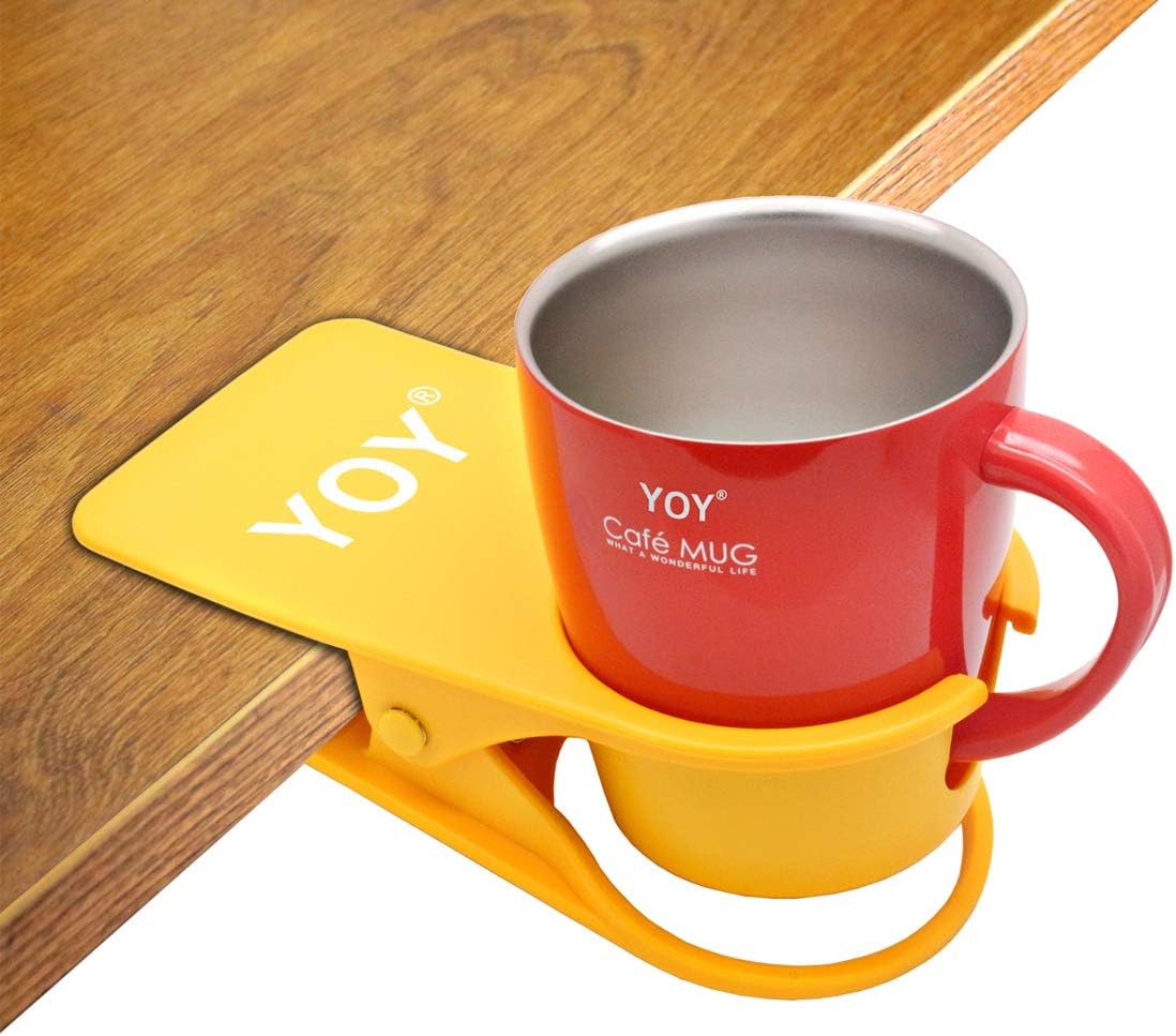 YOY Drink Cup Holder Clip - Table Desk Side Water Glass Beer Bottle Beverage Soda Coffee Mug Holder Cup Saucer Clip Design for Home Office, Yellow