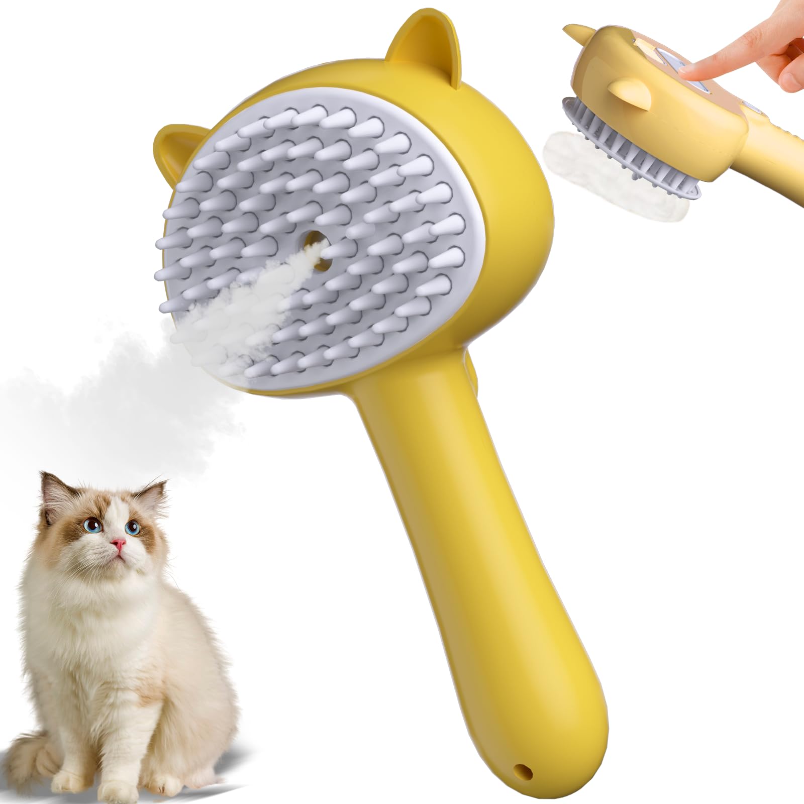 Photo 1 of Cat Steam Brush for Shedding, 4 in 1 Steamy Cat Comb with Handle, Rubber Pet Misting Brush with Release Button for Indoor Kittens Small Animals(Yellow)