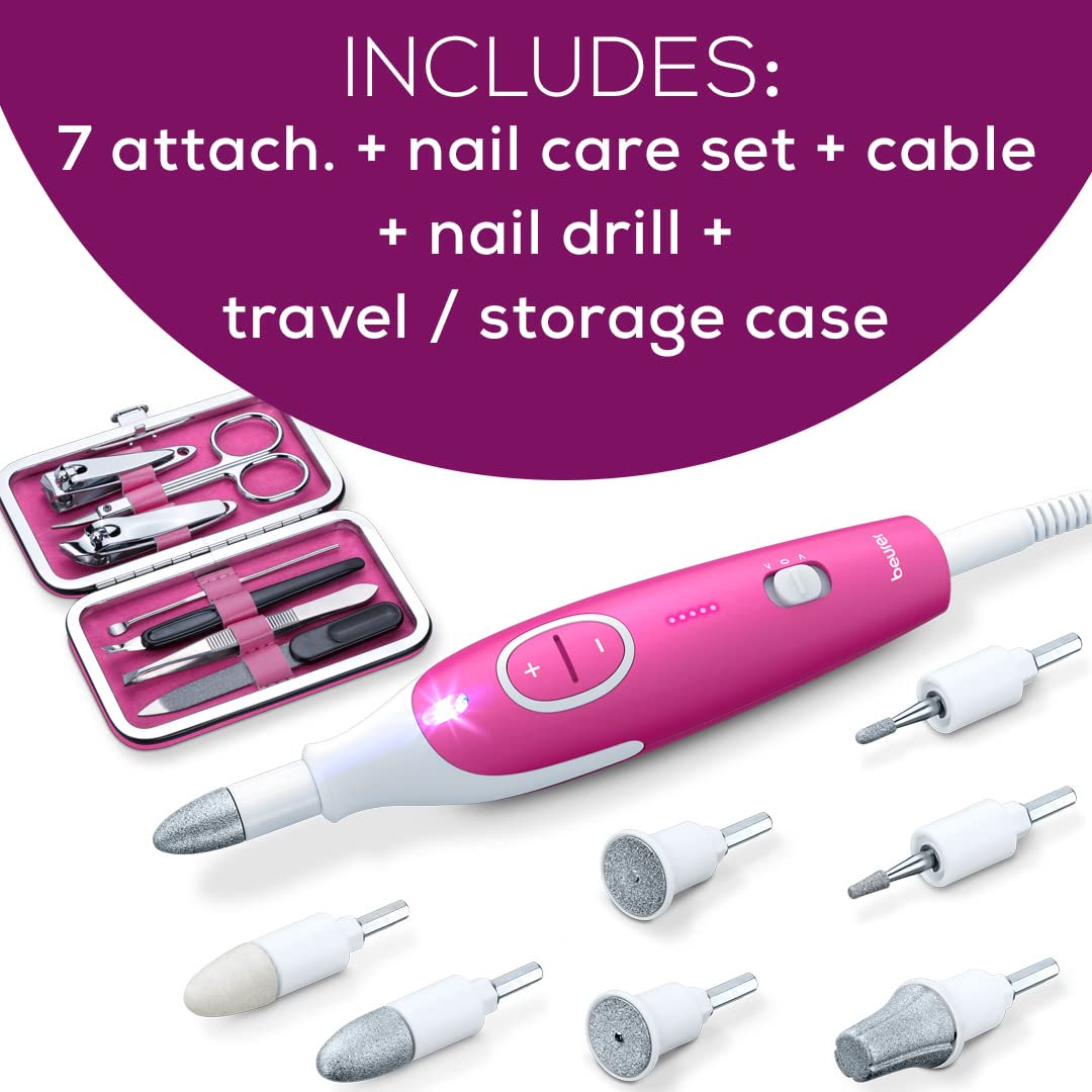 Beurer MP44 Professional Manicure and Pedicure Nail Drill Set, E-File with 7 attachments, LED Light, Electric Nail File with Additional Manual Nail kit, Pink