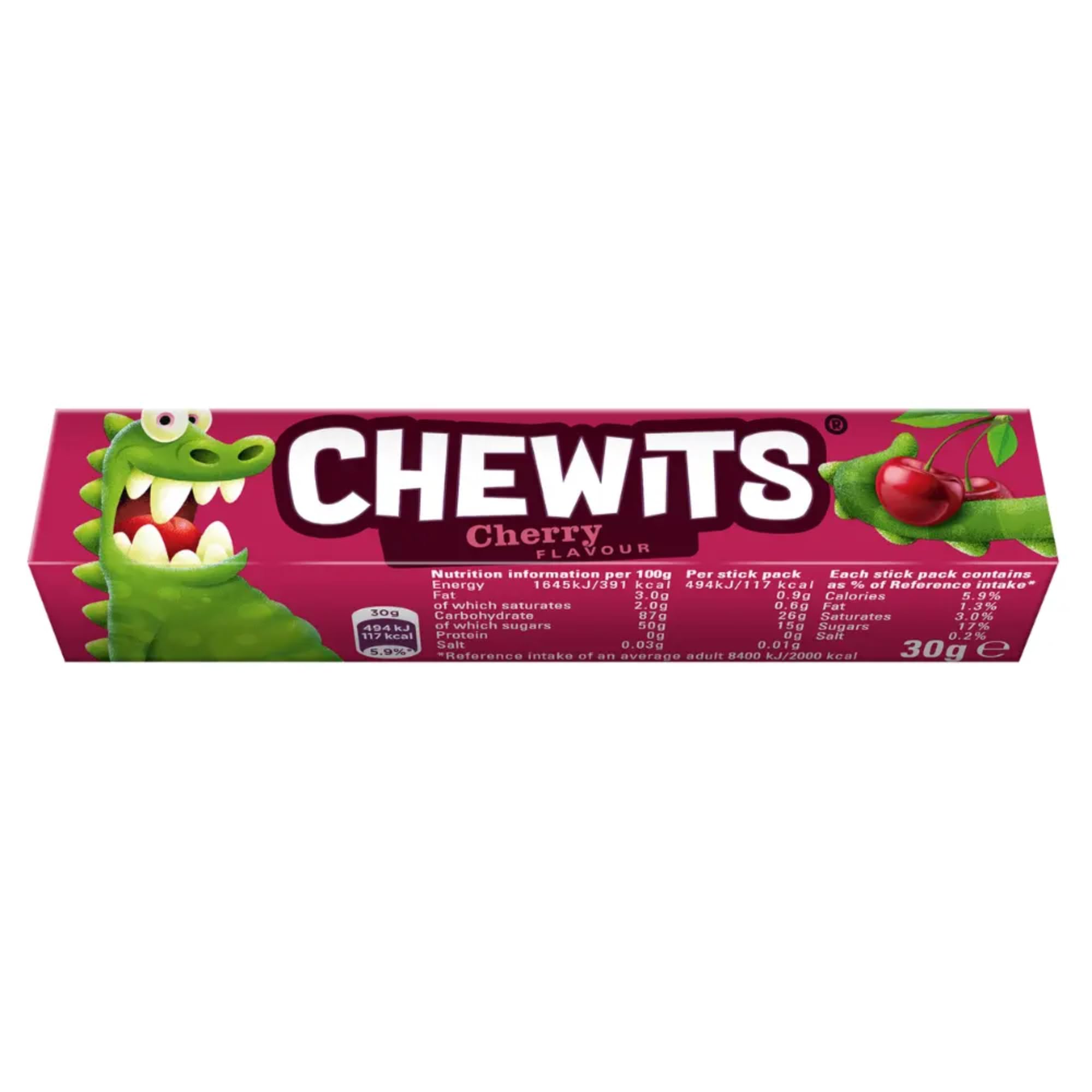 Chewits Sweets - Cherry Flavour Chewy Sweets - Bulk Box x 40 Sticks - Made with Real Fruit Juice - Vegetarian, No Artificial Colours - Nostalgic Classic British Sweet Treat for Sharing & Gifting