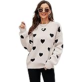 Valentine Heart Pullover Sweater Women Love Print Crewneck Long Sleeve Loose Knitted Jumper Thread Cuff Hem Tops