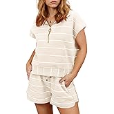 Fisoew Womens Summer 2 Piece Outfits Striped Short Sleeve Zipper Shirts Casual Shorts Loose Lounge Short Sets