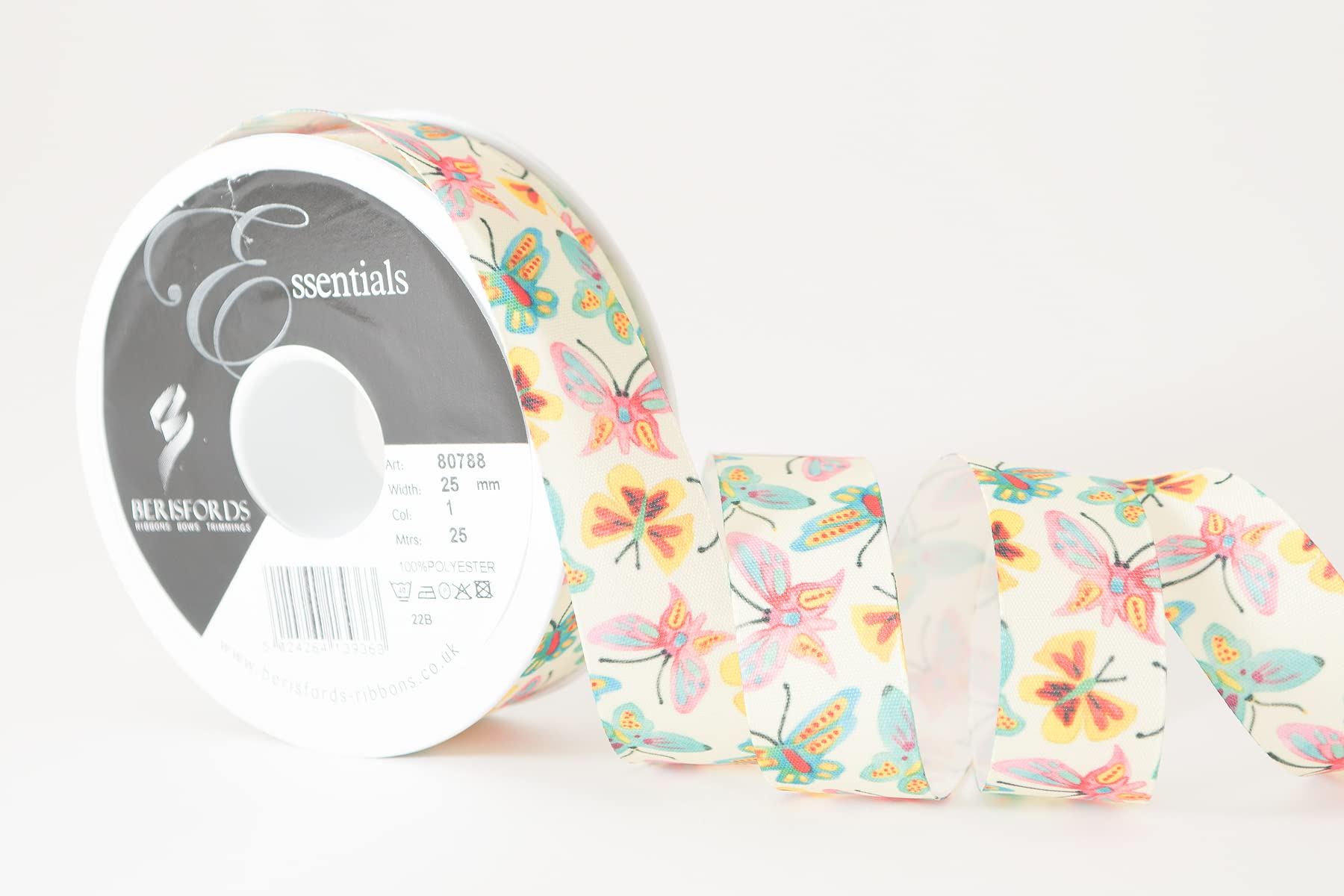 Berisfords Taffeta Spring Patterned Ribbon ‘Butterfly Sky’ Multicolour on White 25mm Wide 25m Reel