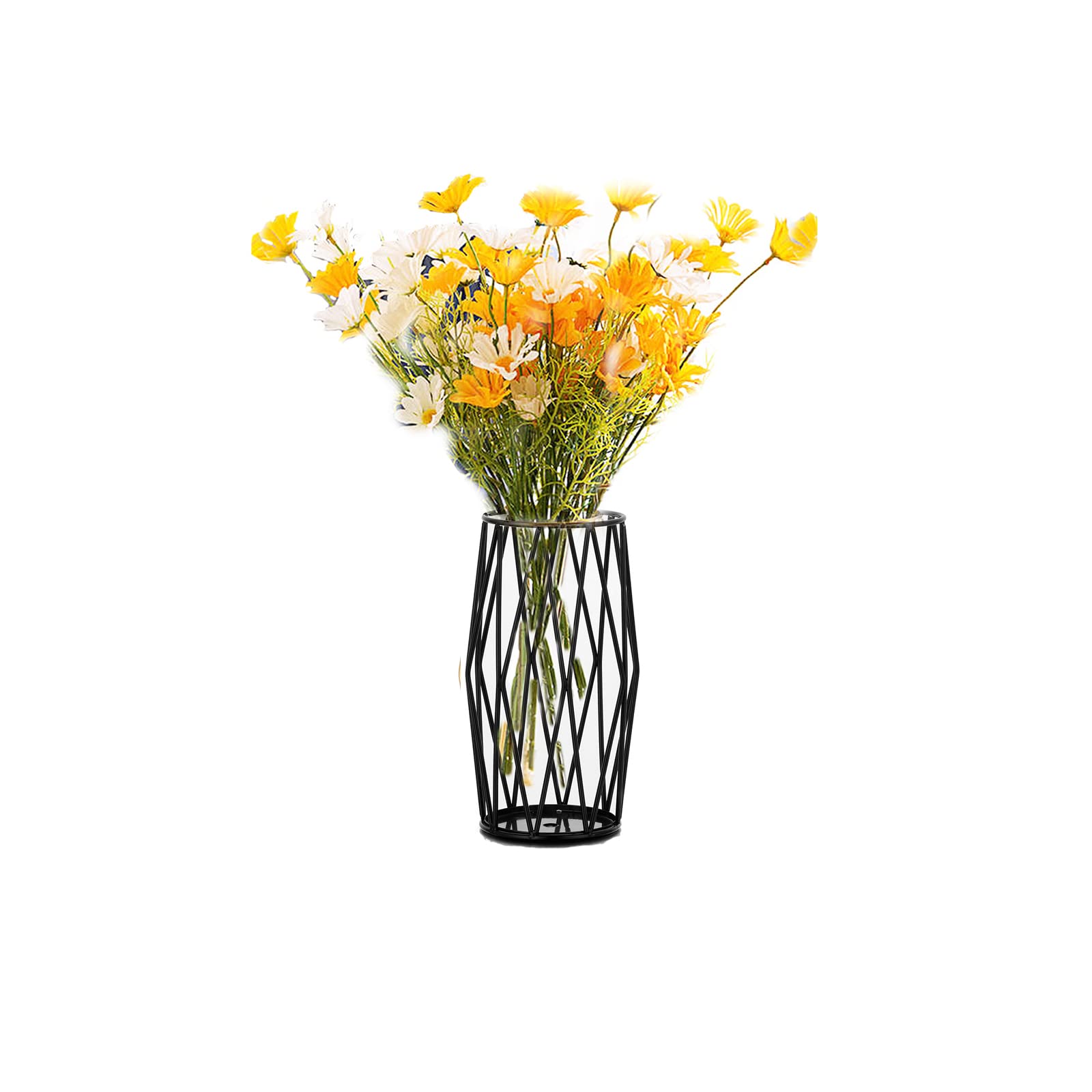 Black Vase with Geometric Metal Rack - Eylkoi Black Vases for Flowers Vases for Centerpieces Modern Large for Living Room Vases Wire for Pampas Grass Home, Shelf, Wedding, Dining table, H: 21cm