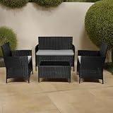 EVRE Black Rattan Garden Furniture Set 4 Seater with Cushions Glass Table view 3