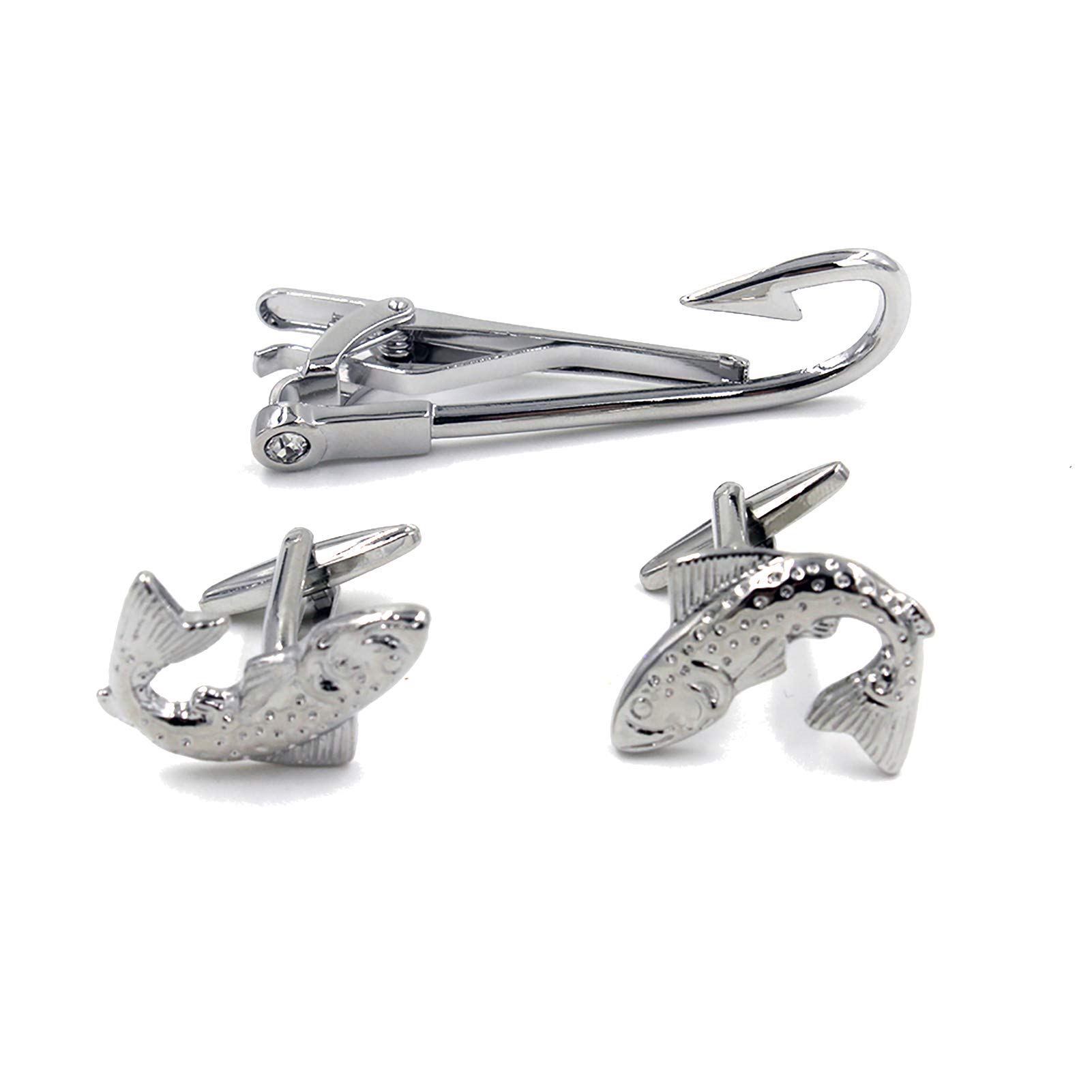 Vcufflinks Fish Fisherman Fishing Hook Pair of Cufflinks & Tie Bar Clip, Silver